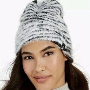 DKNY Women's White/Black Animal Zebra Print Fuzzy Beanie Hat OSFM NWT